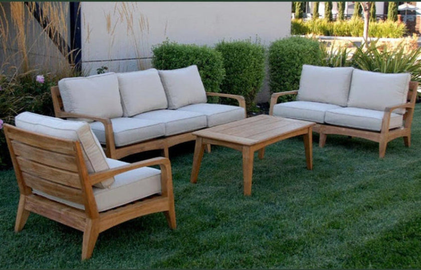 teak wide slat deep seat lounge set with plush cushions