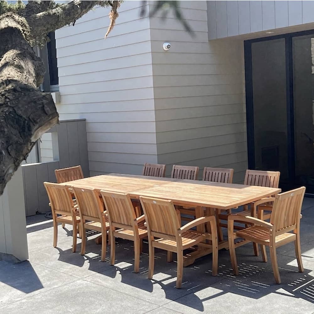 11 Pc Teak Outdoor Rectangular Double Extension Dining Set – Portland Table & Chamber Stacking Chairs | Seats 10