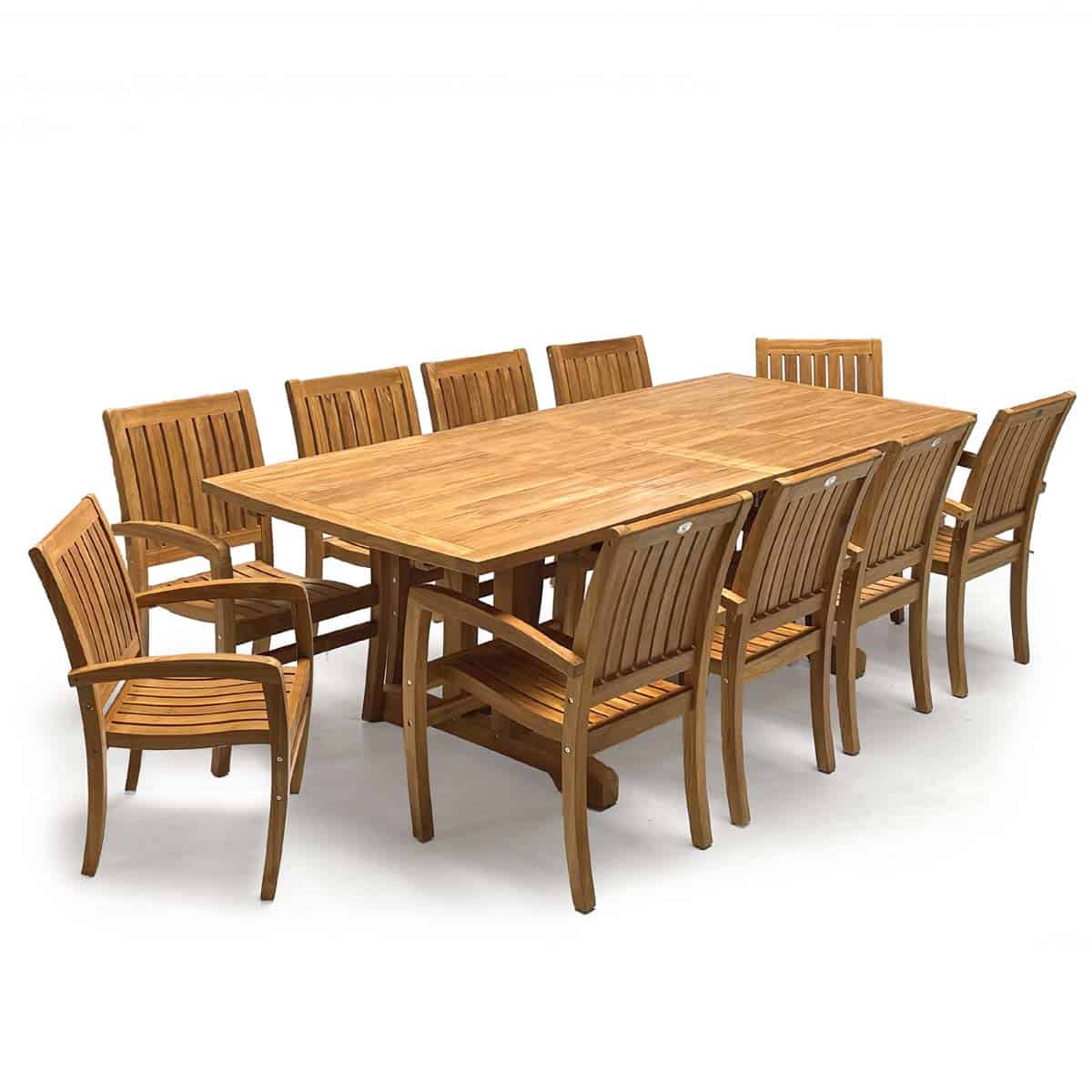 Top down view of Portland Chamber teak outdoor dining set shows 10 chairs around the table