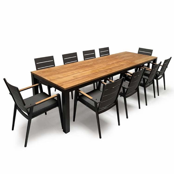 Teak and Aluminum Black Dining Set with charcoal cushions