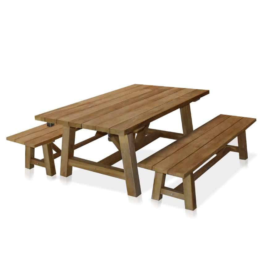 3 pc Recycled Teak Dining Set – French Beam Table – Rustic Natural Finish