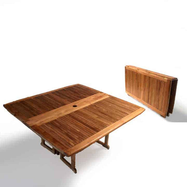 fully extended and folded view of square teak folding table 