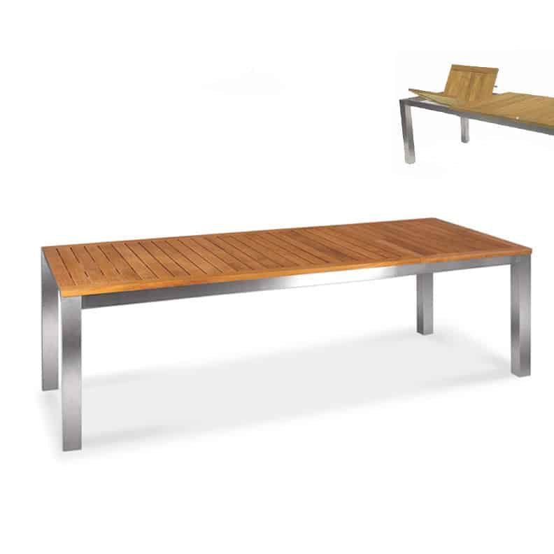 7 Pc Steel Teak Extension Table dining set – Signature Table and Alzette Chairs