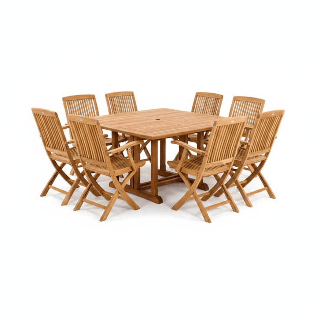 9-Piece Teak Square Folding Dining Set – Mardel Table & 8 Blaze Arm Chairs