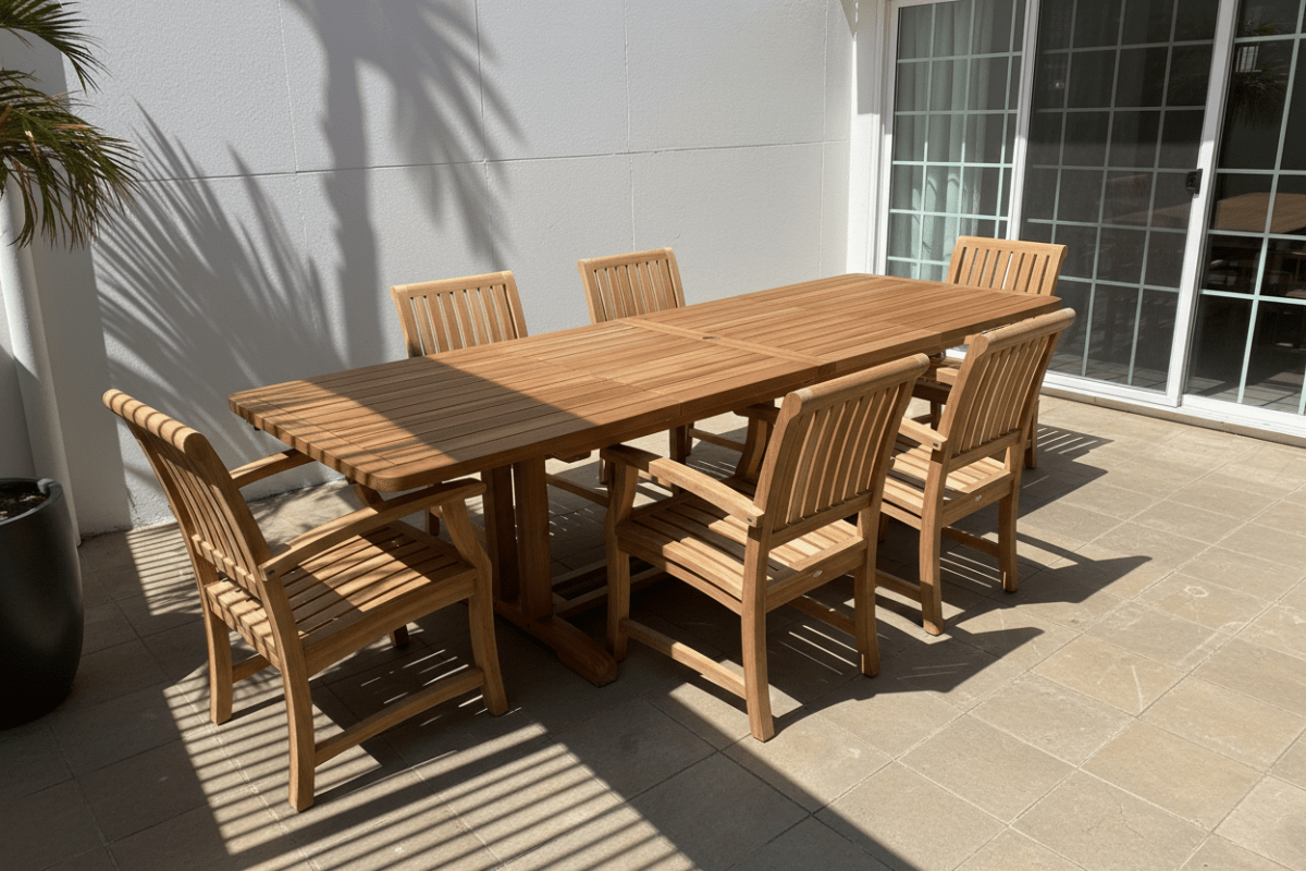 7pc Teak Outdoor Dining Set – Portland 95" Extension Table & Titan Arm Chairs