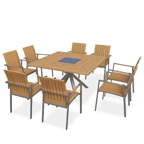 Teak steel square cross legged dining set with stacking chairs