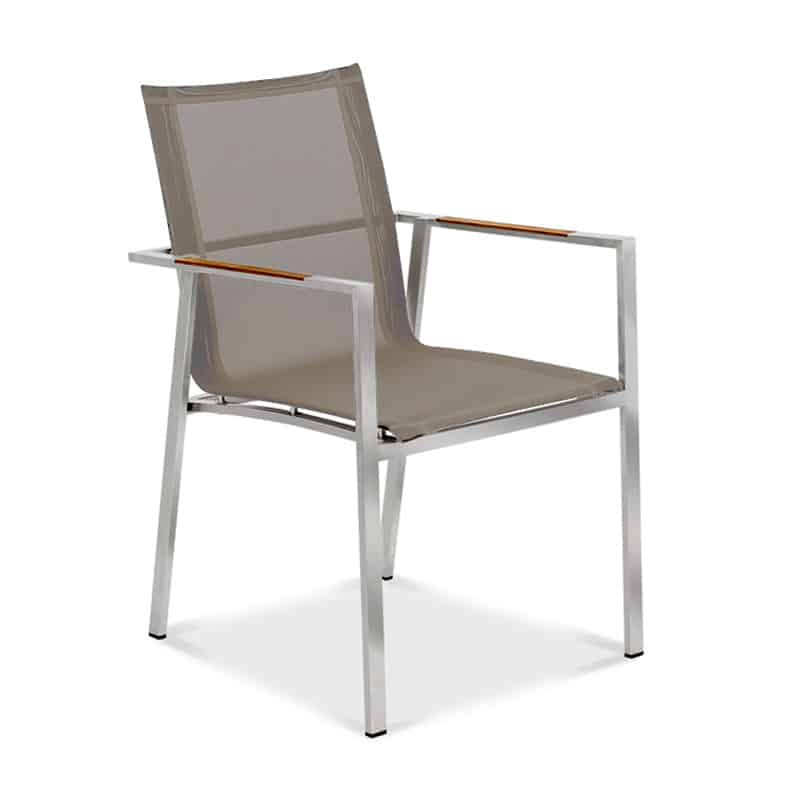 9 Pc Steel Teak Front Slide Extension Dining Set – Signature Table & Alzette Taupe Batyline Sling Chairs