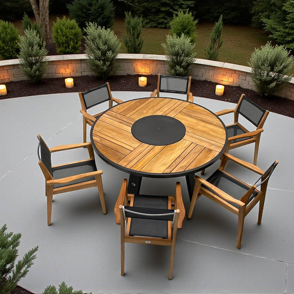 7 Pc Teak Aluminum Round Dining Set – Bold Table & Danish Black Sling Chairs