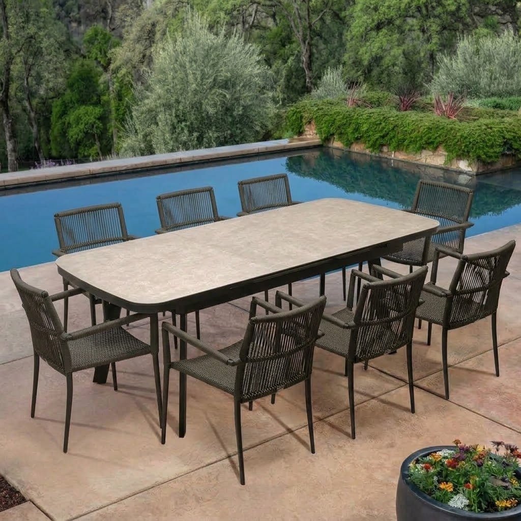 9-Piece Asteroid Ivory Outdoor Extension Dining Set with 8 June Rope Chairs
