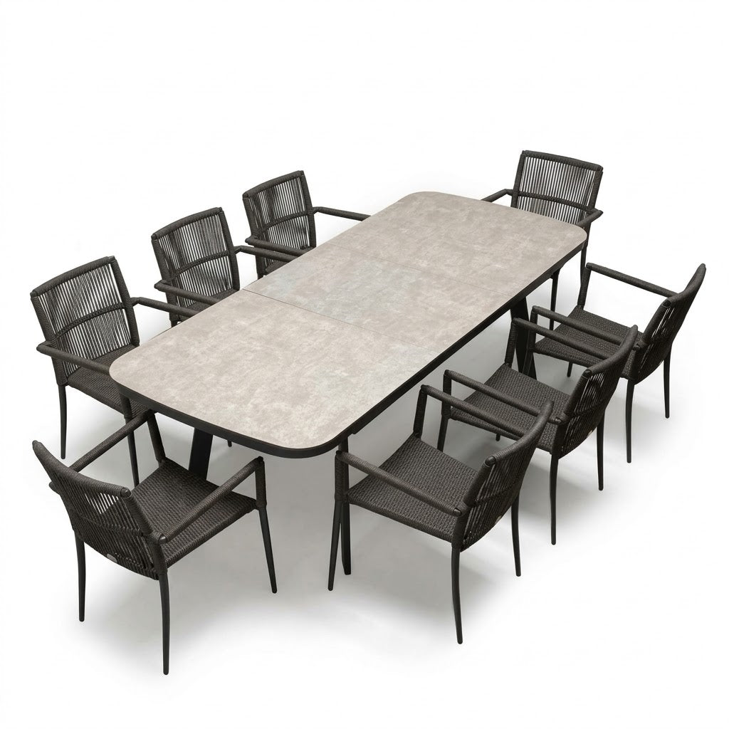 9-Piece Asteroid Ivory Outdoor Extension Dining Set with 8 June Rope Chairs