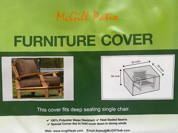 McGill Patio furniture cover packaging with product image and dimensions.