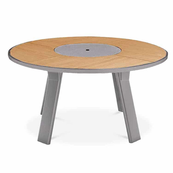 Metal-teak-outdoor-round-aluminum dining table with lazy susan top view 
