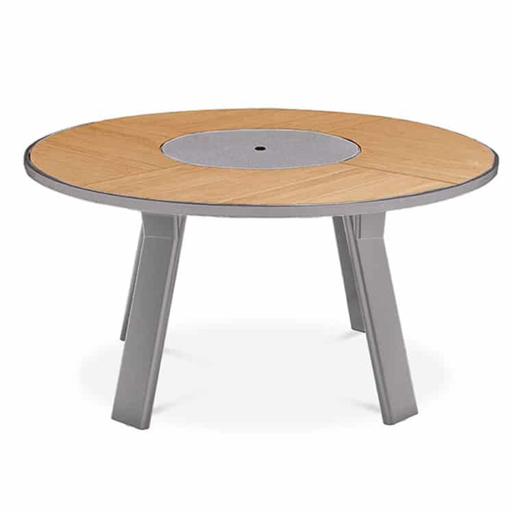 Metal-teak-outdoor-round-aluminum dining table with lazy susan top view 
