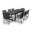Patio metal extension outdoor metal dining table with weaved rope on metal stacking chairs 