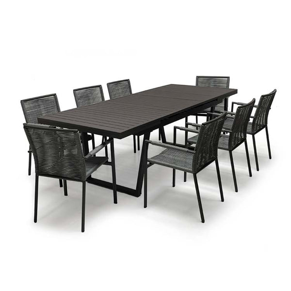 Patio metal extension outdoor metal dining table with weaved rope on metal stacking chairs 