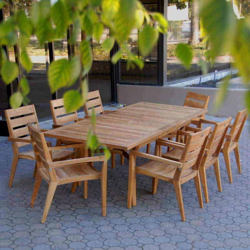 9 pc Mid-Century Teak Table Dining Set – Rectangular Table with Stacking Chairs- Olga