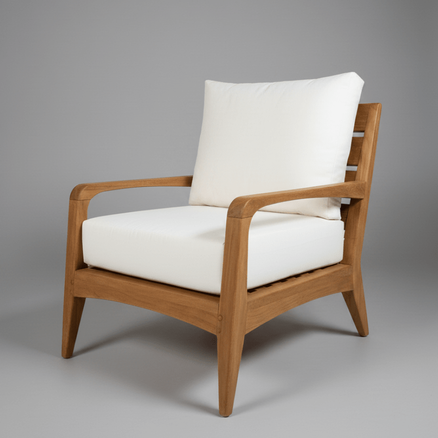 Olga Teak wood Deep Seat lounge chair with Oyster white plush thick cushion seat and back with no welt