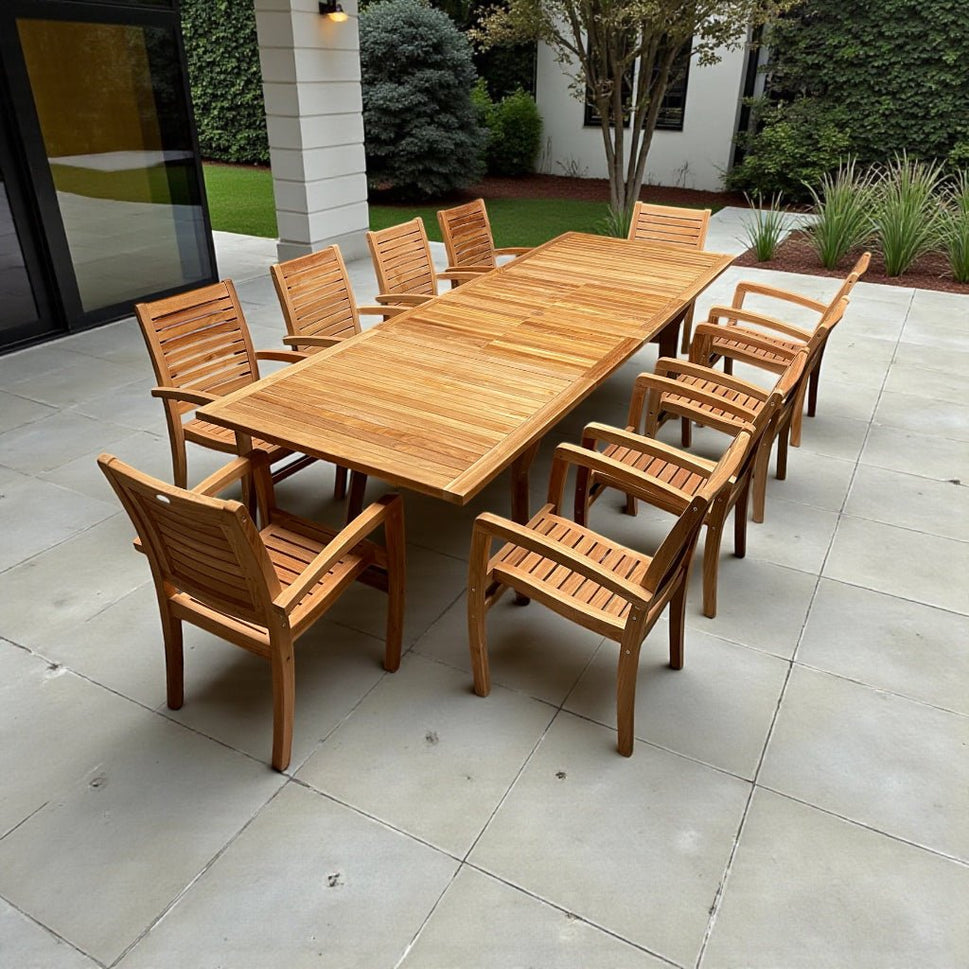 11pc Teak Mid Century Outdoor Dining Set – Olga 10ft Extension Table & Jakarta Chairs