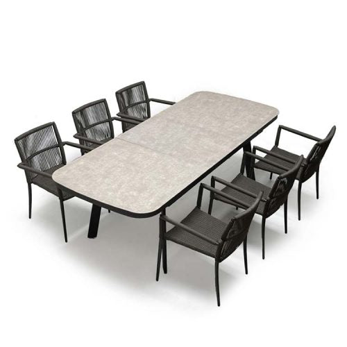 9-Piece Asteroid Ivory Outdoor Extension Dining Set with 8 June Rope Chairs