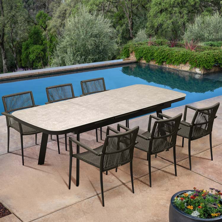 Outdoor metal dining set extended fully seats 6 to 8