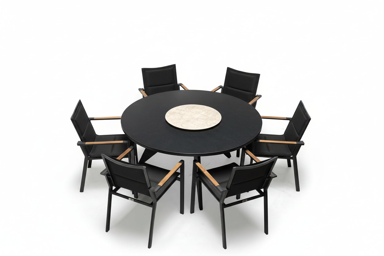 Round black dining set with stacking chairs in black aluminum power coated and fast dry padded foam