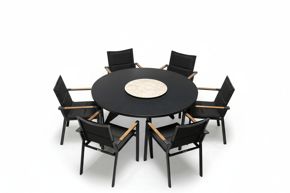 7 Pc Aluminum Outdoor Round Dining Set – Aarhus Table & Summit Sling Arm Chairs | Seats 6