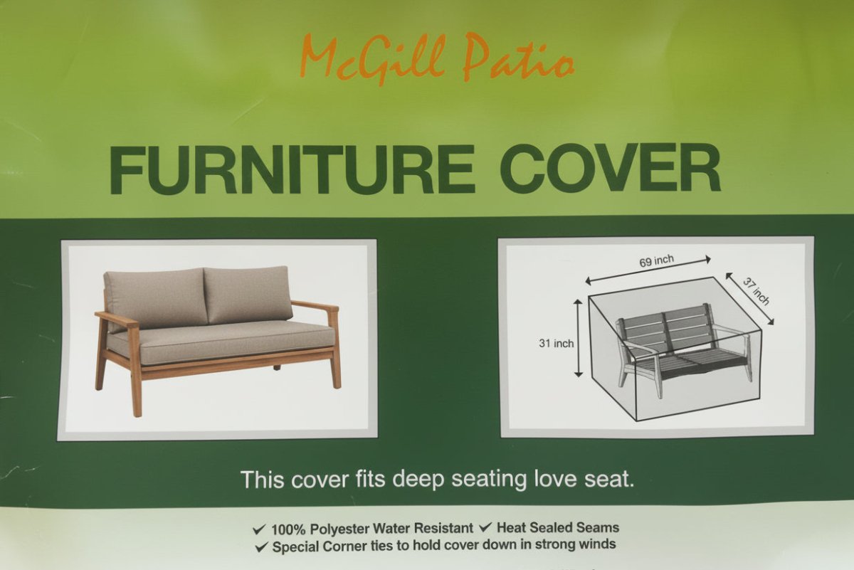 McGill Patio furniture cover packaging with product illustration and dimensions.