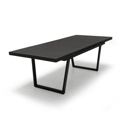 Outdoor extension black dining table in Aluminum powder coated black fully extended at 95 inches