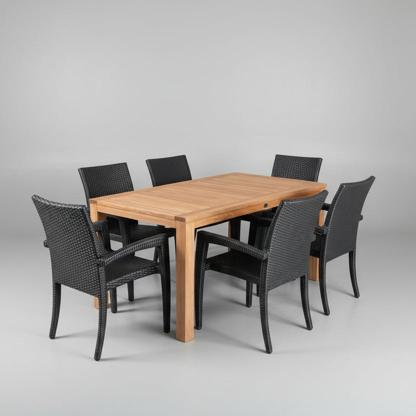 7-Piece Oxford Teak Dining Set - Oxford Table & Tuscany Wicker Stacking Chairs