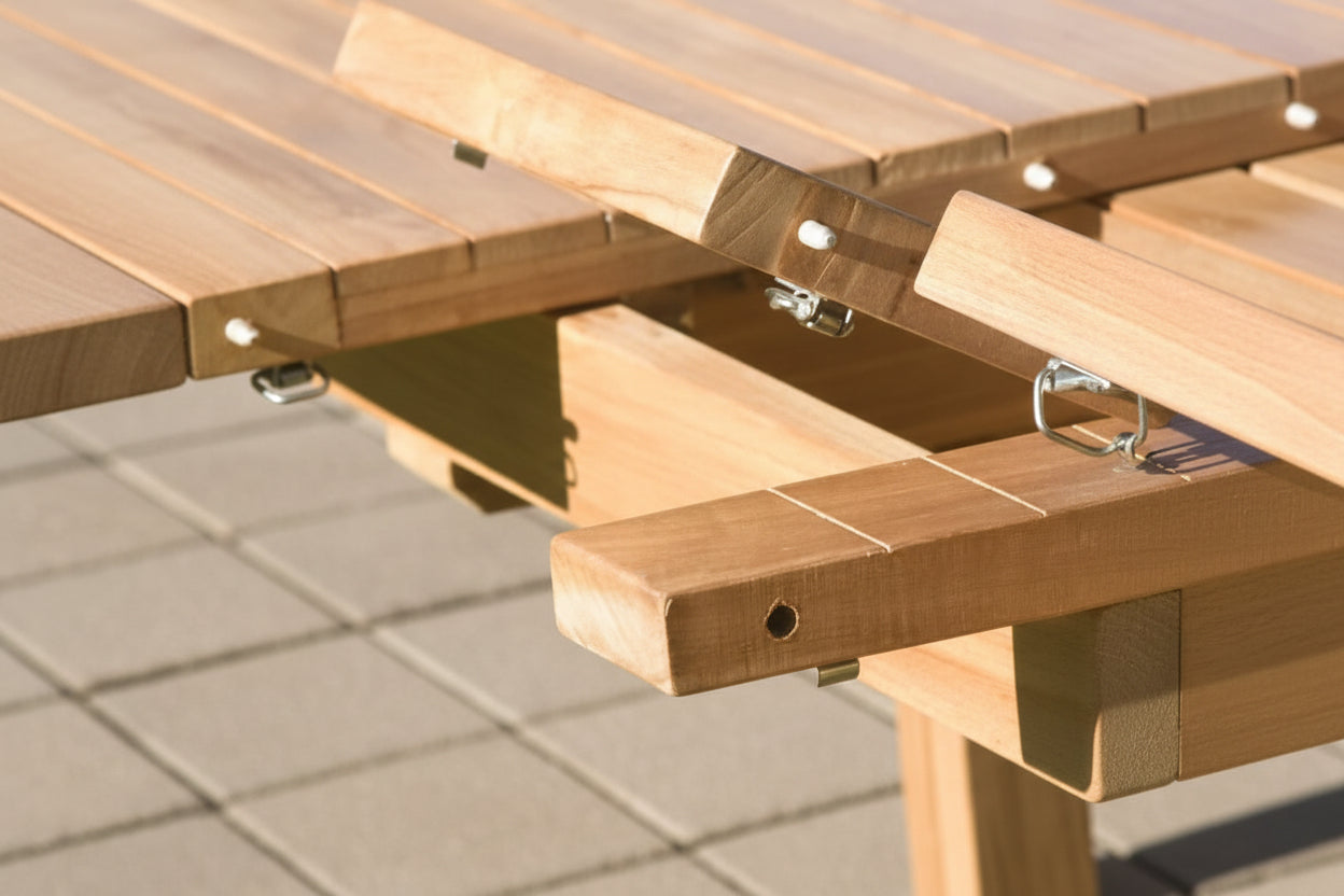 Double extension dining Table with extension in motion with stainless steel hardware