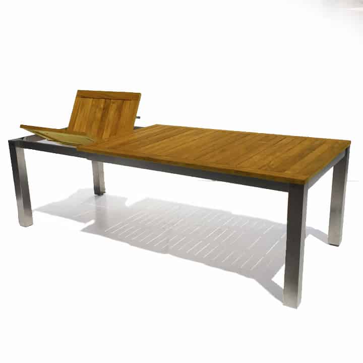 7 Pc Steel Teak Extension Table dining set – Signature Table and Alzette Chairs
