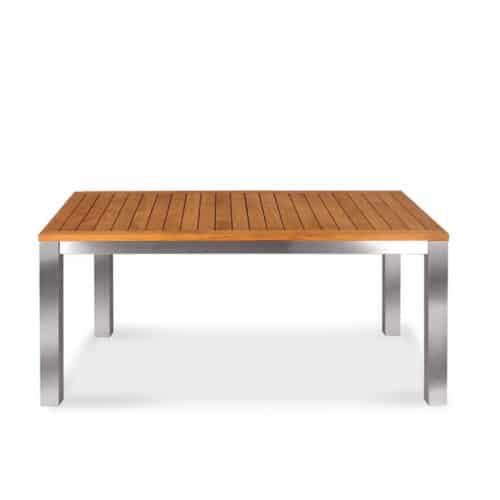 rectangular teak steel frontslide extension  table with extension stored closed and stored underneath