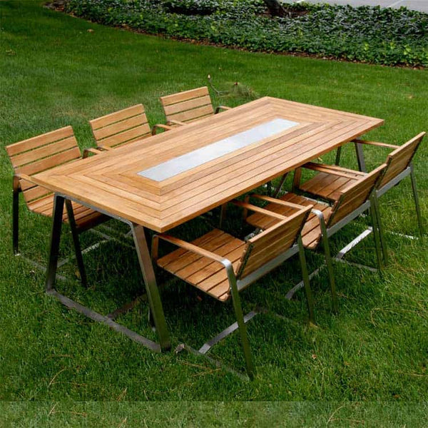7 Pc Stainless steel Teak Modern Outdoor Rectangular Dining Table Set  Regnatt