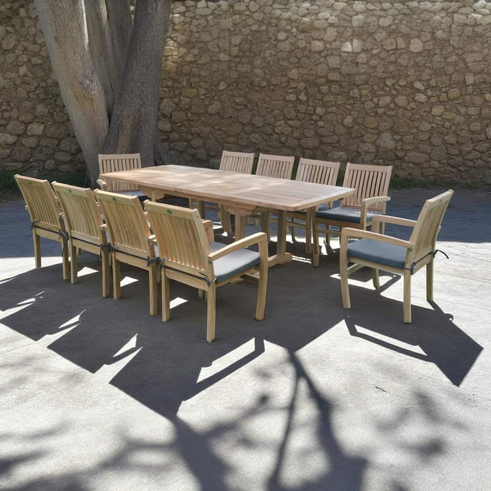 11pc McGill Teak Outdoor Rectangular Double Extension Dining Set - Rise table and Pari stacking chairs