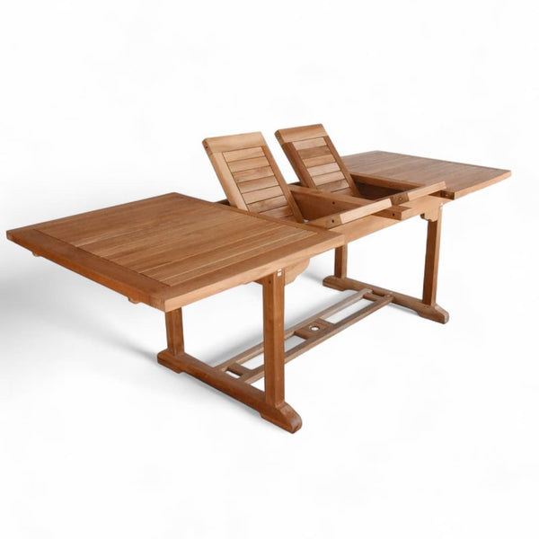 Teak double extension rectangular table with extensions on the folding move