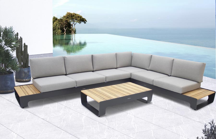 Ash color cushions on Sanya Aluminum and Teak set