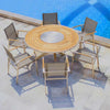 7 Pc Stainless Steel Teak Round Table dining set  Signature and Alzette Stacking Chairs