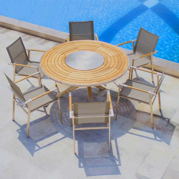 7 Pc Stainless Steel Teak Round Table dining set  Signature and Alzette Stacking Chairs