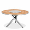 7 Pc Stainless Steel Teak Round Table dining set  Signature and Alzette Stacking Chairs