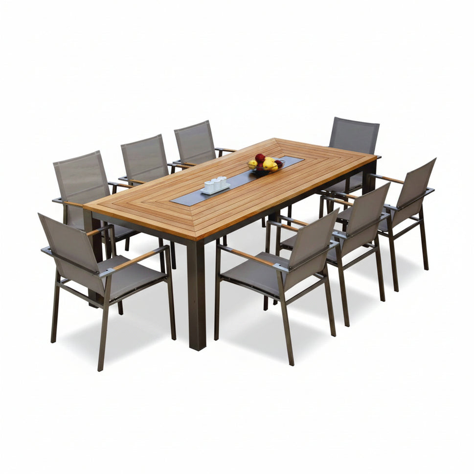 9 pc Teak Steel Dining Set – Signature Table & Alzette Batyline Stacking Chairs | Seats 8