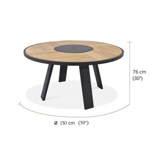 7 Pc Teak Aluminum Round Dining Set – Bold Table & Danish Black Sling Chairs
