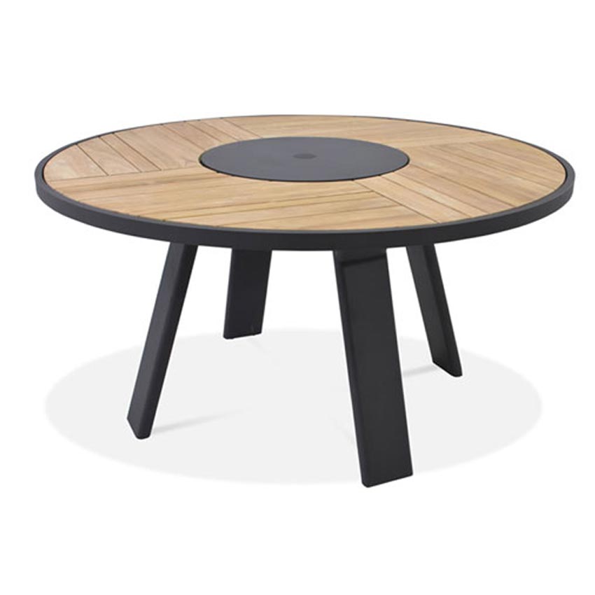 7 Pc Teak Aluminum Round Dining Set – Bold Table & Danish Black Sling Chairs