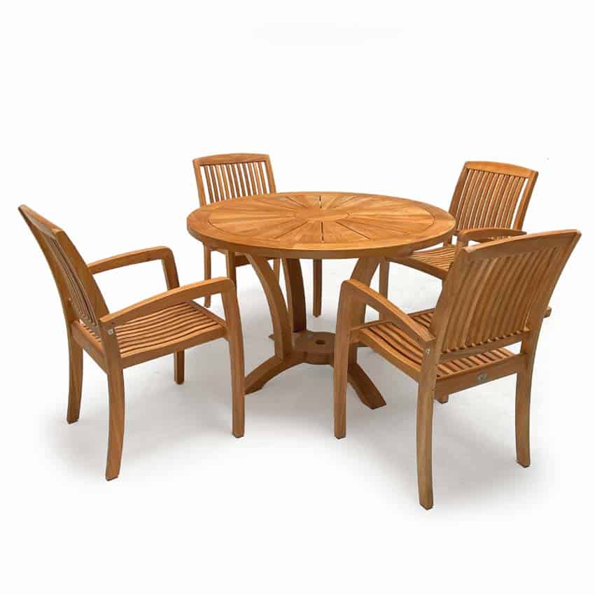 5 Pc Teak Garden Dining Set – Helios Round Table 4 Blaze Chairs