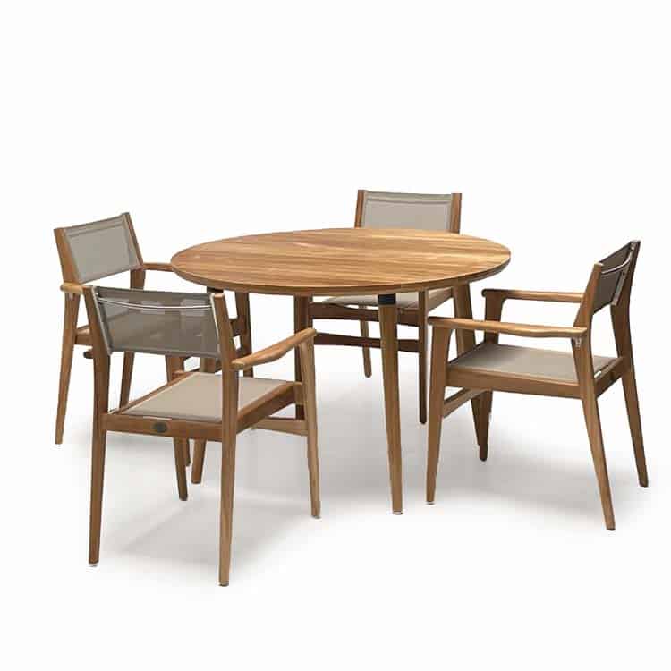 5 Pc Teak Outdoor Dining for Four – Round table and Danish Sling stacking chairs