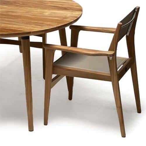 5 Pc Teak Outdoor Dining for Four – Round table and Danish Sling stacking chairs