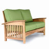 Teak deep seat loveseat two seater with plush green cushions
