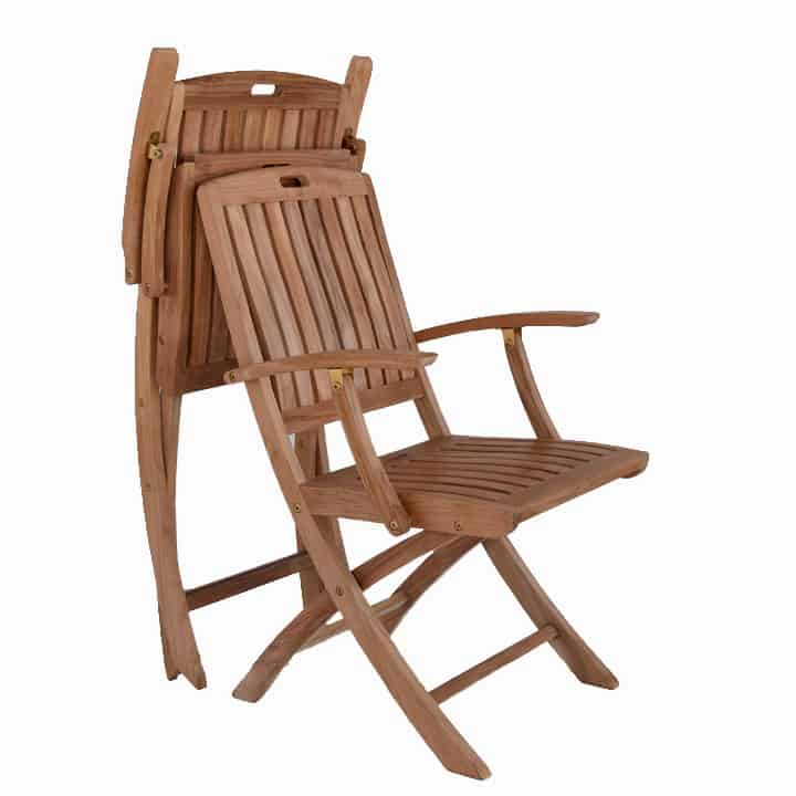 Teak-folding-patio-arm-chair-NewYork wide slats with brass hardware in folding and open view