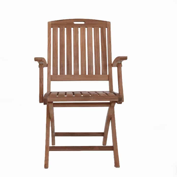 Teak-folding-patio-arm-chair-NewYork with brass hardware front view