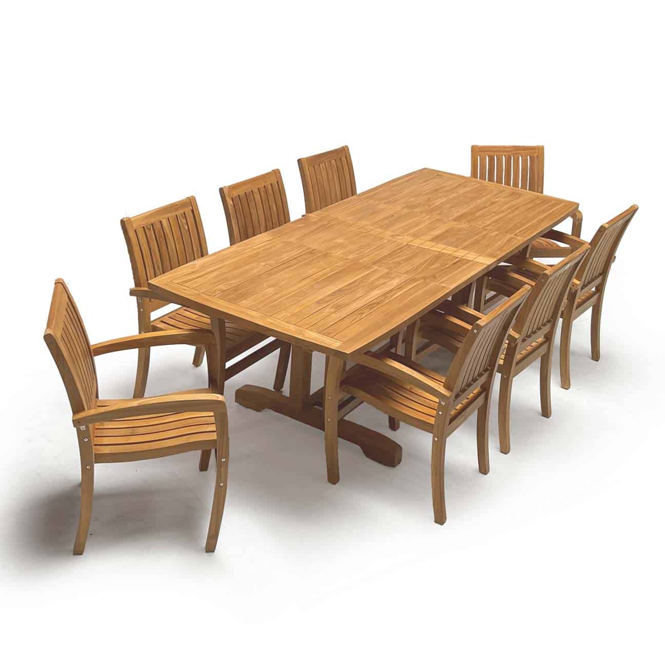 9pc Teak Outdoor Rectangular Extension Dining Set – Portland table and Chamber chairs