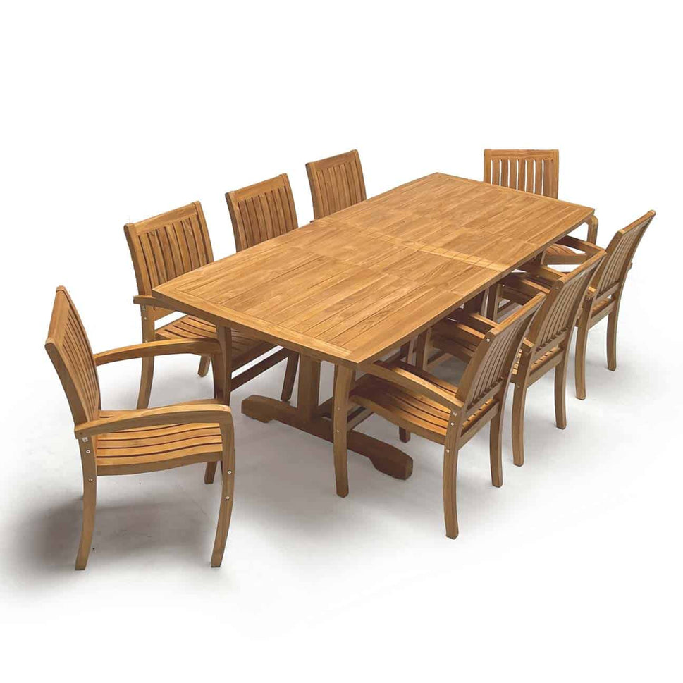 9pc Teak Outdoor Rectangular Extension Dining Set – Portland table and Chamber chairs